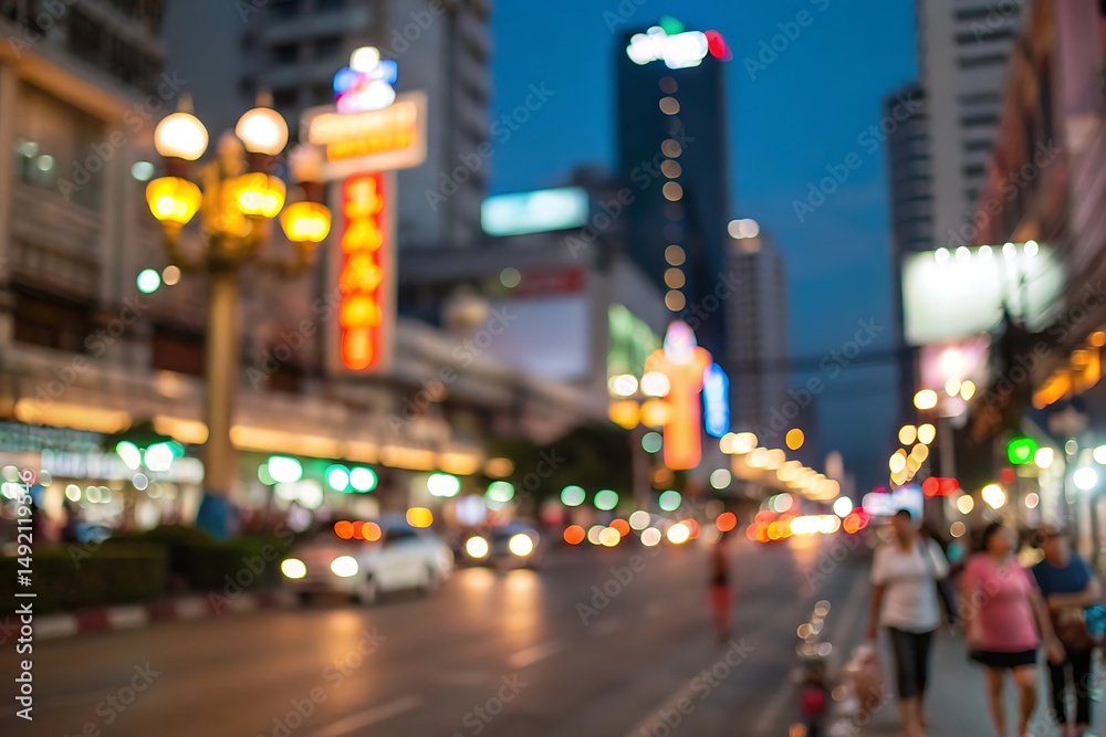 Fototapeta premium Blurred city street with vibrant nightlife and traffic