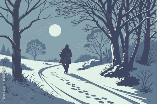 46 snowy winter forest path, man walking along snow-covered trail, moonlit night scene, atmospheric night mood, ambient lighting, detailed realistic landscape