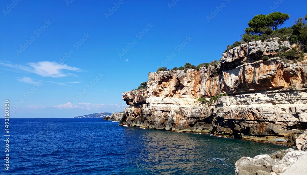 Fototapeta premium The coast of Crete, Greece features a stunning Mediterranean landscape with a rocky coastline, cliffs, and blue sea under the summer sky