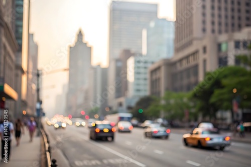 Blurred cityscape with traffic during golden hour