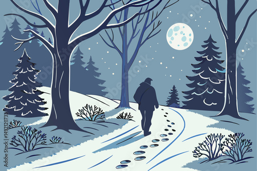 46 snowy winter forest path, man walking along snow-covered trail, moonlit night scene, atmospheric night mood, ambient lighting, detailed realistic landscape