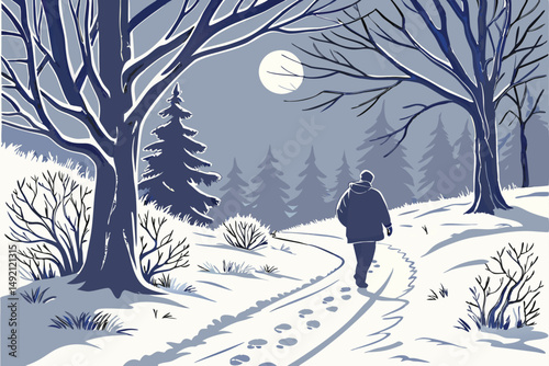 46 snowy winter forest path, man walking along snow-covered trail, moonlit night scene, atmospheric night mood, ambient lighting, detailed realistic landscape