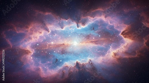 A breathtaking view of a vibrant nebula with swirling colors and stars, set against the vastness of space, showcasing cosmic beauty