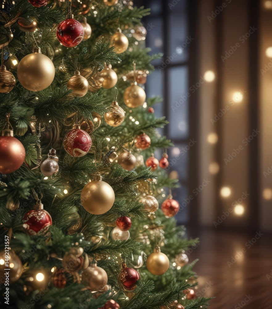 Fototapeta premium Ornate Christmas tree, shimmering baubles, bokeh lights, silver, merry christmas, christmas tree