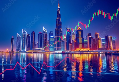 Dubai skyline merging with stock market chart, modern, bearish