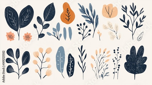 Botanical Assortment: Whimsical Hand-Drawn Floral and Leaf Illustration