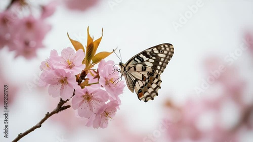 A delicate butterfly perched on blooming cherry blossoms, set against a soft, blurred background of spring foliage