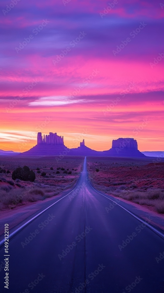 Fototapeta premium Majestic Sunset Road Trip: Vibrant Pink and Purple Sky over Monument Valley