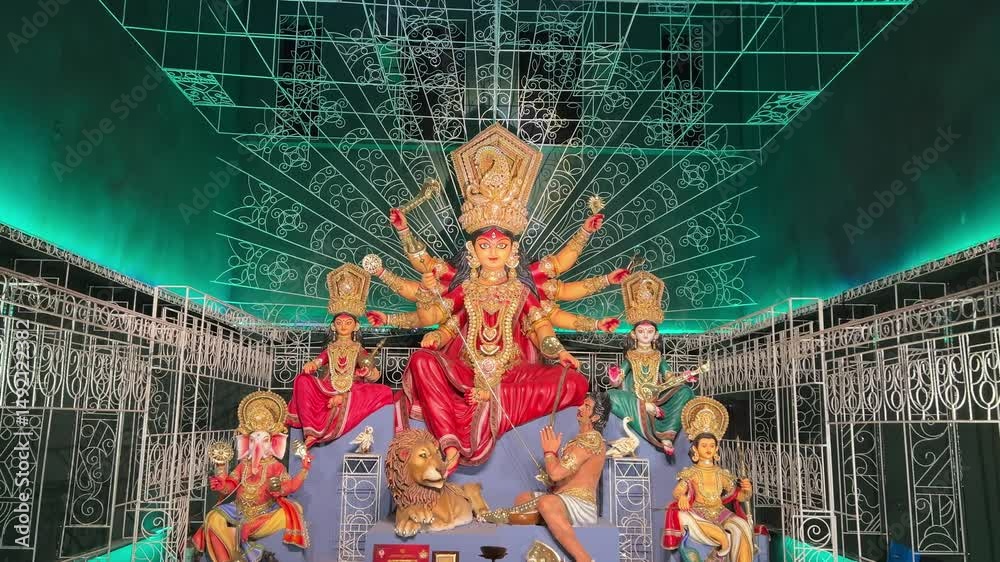 Beautiful goddess Durga at a puja pandal with green color decoration.
