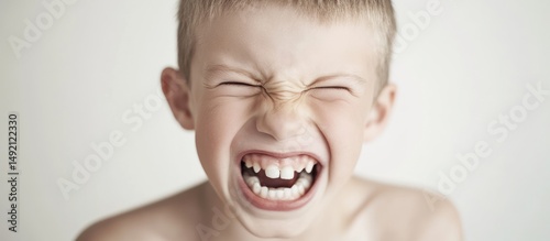 Intense Childhood Expression: A young boy's face conveying strong emotion photo