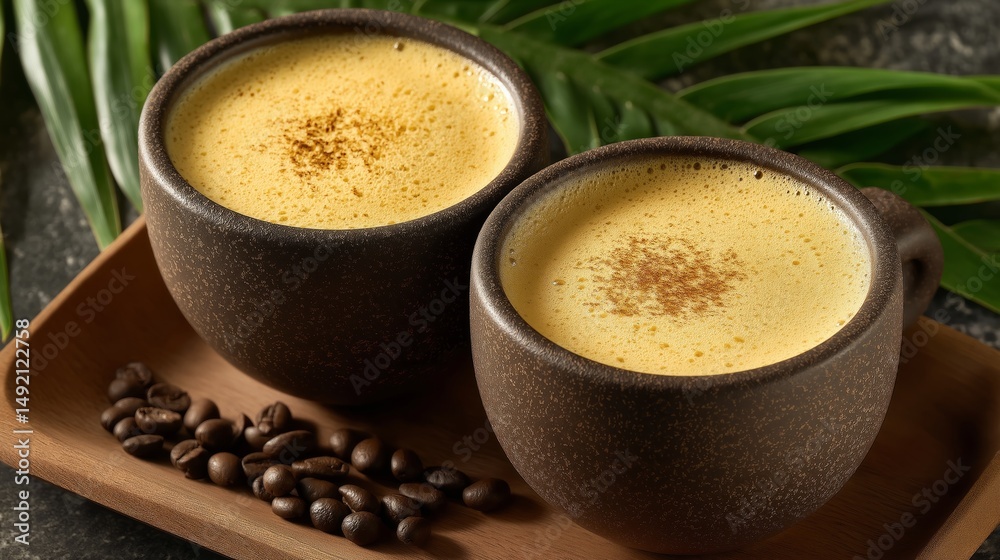 Golden Elixir: A close-up captures two mugs of golden turmeric latte, complemented by scattered coffee beans, all resting elegantly on a wooden tray, set against a tropical background. Golden Elixir: A close-up captures two mugs of golden turmeric latte, complemented by scattered coffee beans, all resting elegantly on a wooden tray, set against a tropical background.