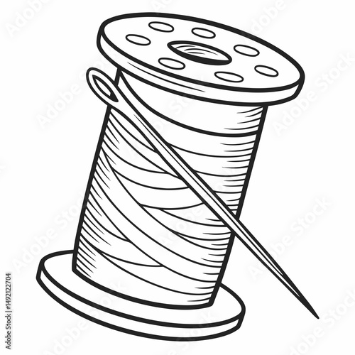 Hand drawn spool of thread and needle illustration