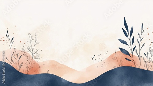 Watercolor Landscape with Blue Hills and Delicate Floral Accents Design