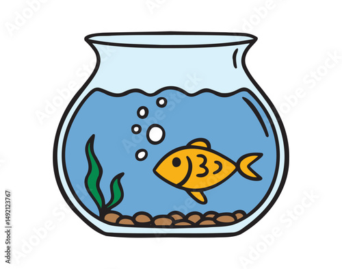 Goldfish or fish in round aquarium icon doodle hand drawn. colorful cartoon line drawing clipart symbol