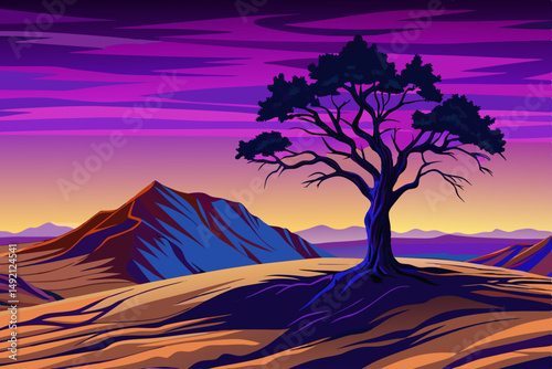 View Lone Tree Silhouette on a Sandy Hill at Sunset illustration