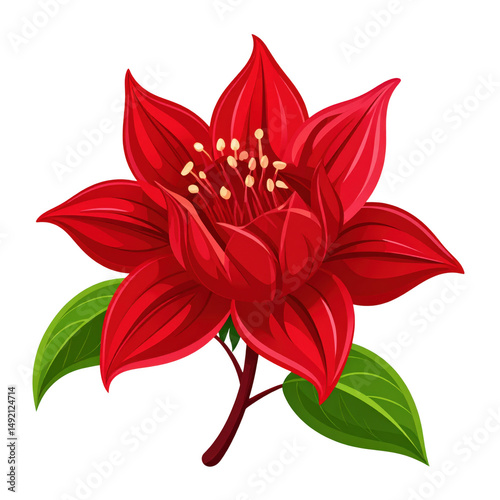 Vibrant Red Flower with Detailed Petals and Green Leaves Isolated on a Transparent Background for Natural and Floral Designs