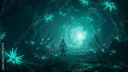 A lone figure walking through a glowing crystal cave, surrounded by vibrant blue and green luminescent crystals, exploring the depths