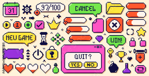 A large set of pixel game art 8 bit icons drawn in a bright neon color scheme. Speech bubbles, hearts, crown and many other elements.