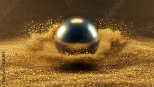 A reflective blue sphere rolling through a swirling golden dust, creating dynamic patterns in a mesmerizing, abstract scene