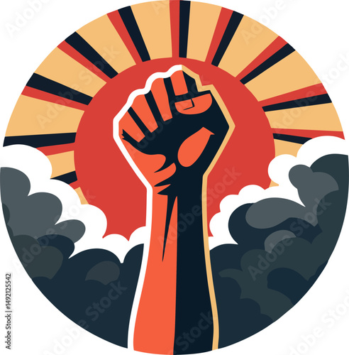 Revolutionary Power Fist with Sun Rays and Smoke Clouds – Vector Symbol of Protest and Resistance