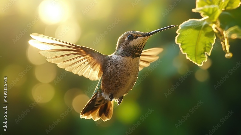 Fototapeta premium Beautiful hummingbird hovering near sunlit leaves in nature