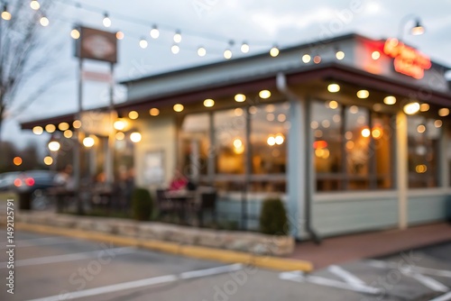 Cozy restaurant ambiance with outdoor seating at dusk