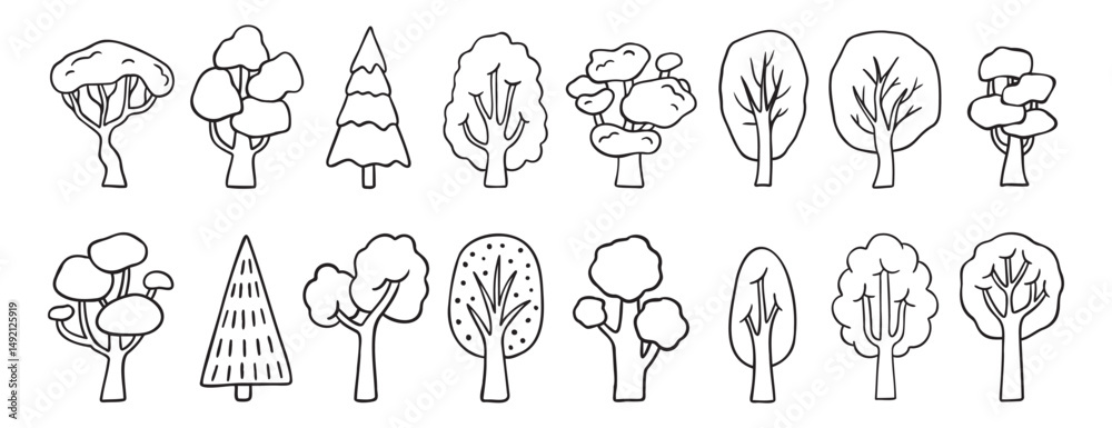 different trees doodle hand drawn icon set. Outline drawing tree line clipart symbol collection