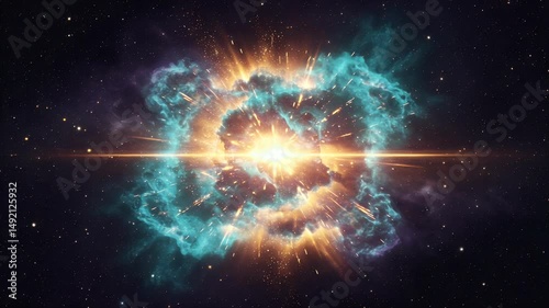 A stunning cosmic explosion illuminates the vastness of space, showcasing vibrant colors and celestial dynamics