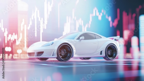 Futuristic white car and stock chart