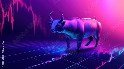 Bull statue on a stock graph background