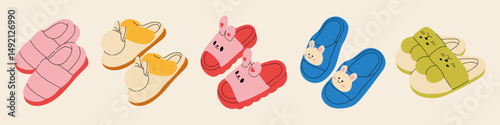 Cute slippers set. Home slipper for kids, isolated footwear collection. Warming house accessories, adult shoes racy vector clipart. Stylish modern design of shoes for women and children.