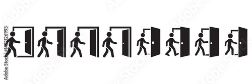 Sequence of a Person Walking Through an Open Door in Silhouette Style Depicting Movement and Transition