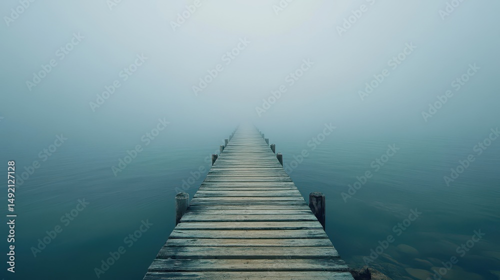 Obraz premium Misty wooden dock extending into fog over calm water
