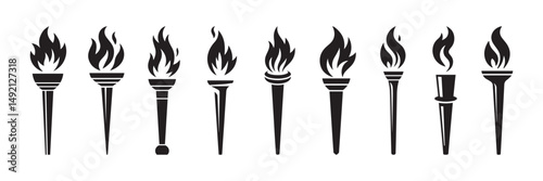 Collection of Black Torch Flame Icons Showing Different Torch Designs in a Bold Silhouette Style Format