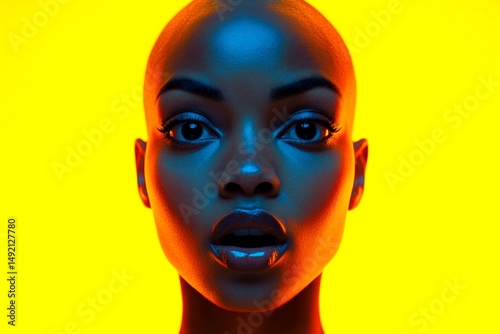 Gorgeous very stunned black girl - for ads, brochure and digital use. Short hairdo - bald head - no hair. Commercial promotion conceptual art artwork. Modern african american portraits.