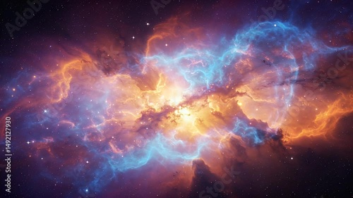 A vibrant cosmic nebula showcasing swirling clouds of gas and dust illuminated by distant stars, set in the vast universe