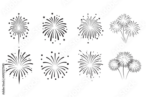 Fireworks in Different Styles Representing Exploding Spark Bursts for Celebration Graphics Set