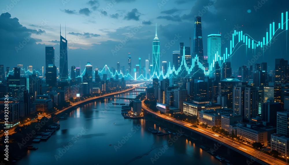 Fototapeta premium Nighttime Aerial View of a Modern City Skyline with Glowing Turquoise Financial Charts Overlaid on Skyscrapers and River Roads