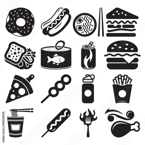 Assorted Fast Food and Snack Icons in Black Silhouette Style Representing Various Edible Food Items
