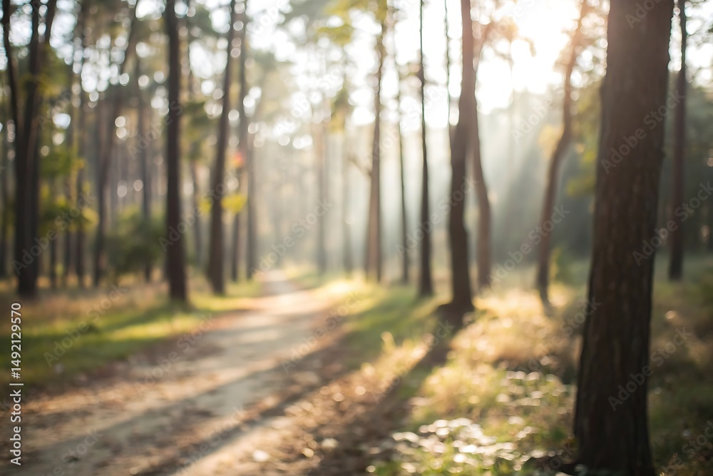 Obraz premium Serene forest path illuminated by soft sunlight