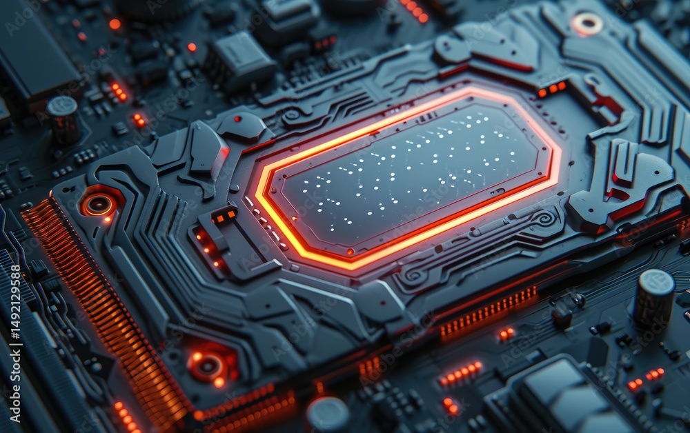 A close-up view of a futuristic circuit board showcasing a brightly illuminated central processing unit.