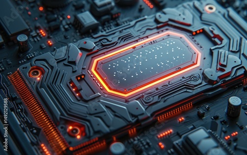 Obraz na płótnie A close-up view of a futuristic circuit board showcasing a brightly illuminated central processing unit. w salonie