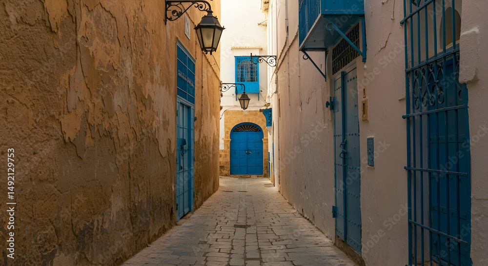 Fototapeta premium alleyway, alley, narrow street, Blue Doors in a Narrow Alleyway