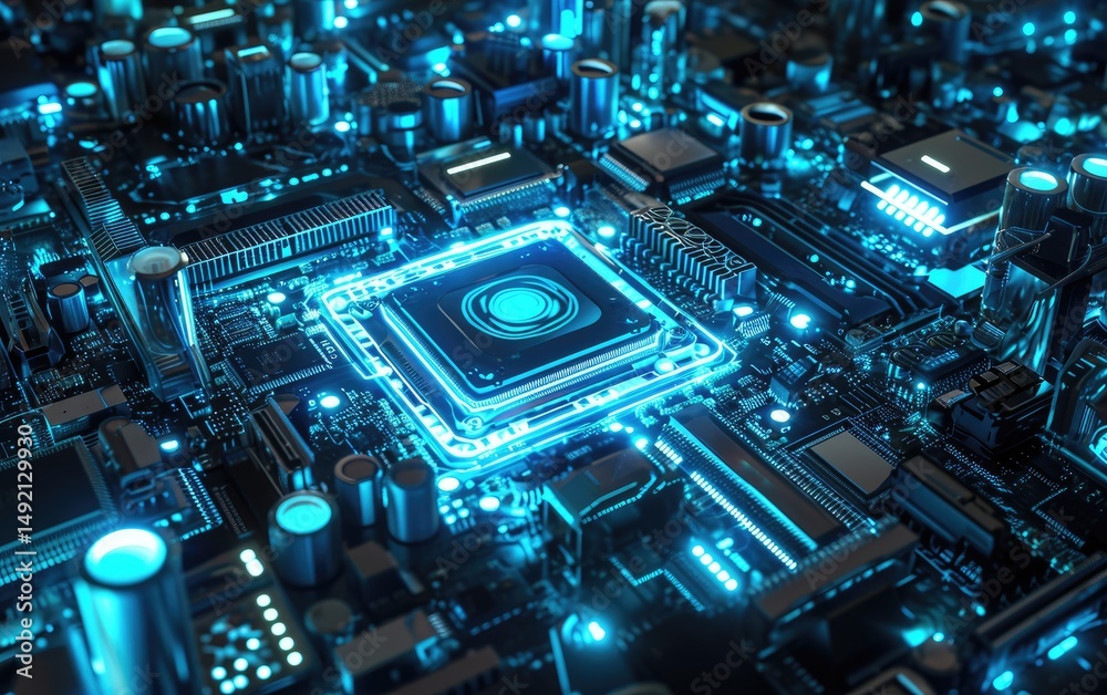 Illuminated Central Processing Unit on a Motherboard