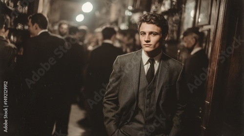 Close up of a young gentleman in a dark suit walking confidently through a dimly lit bar filled with people in an old black and white Polaroid style