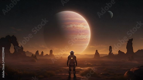 An astronaut stands in a surreal alien landscape, gazing at a massive gas giant and moons in a starry sky, evoking wonder