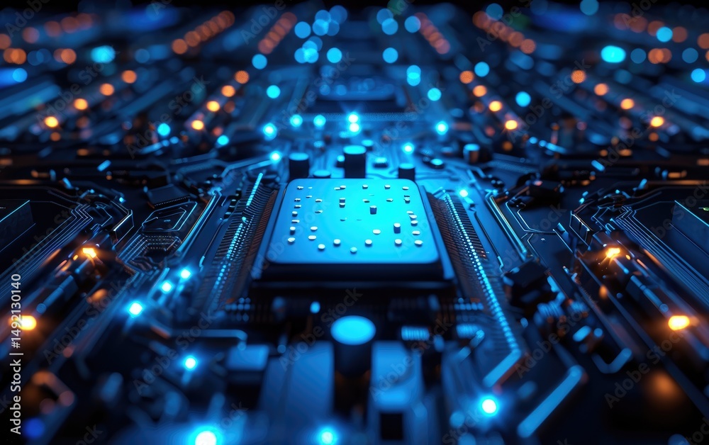 Central processing unit on a brightly blue lit circuit board
