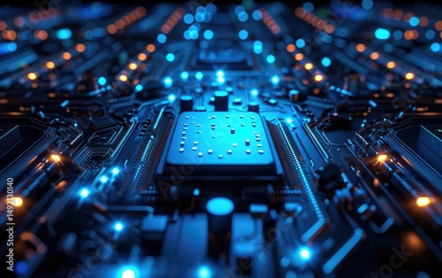 Central processing unit on a brightly blue lit circuit board