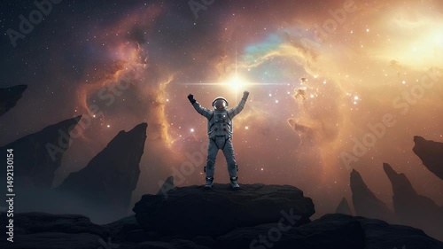 Astronaut standing triumphantly on a rocky surface in a vibrant cosmic landscape, with swirling galaxies and distant stars