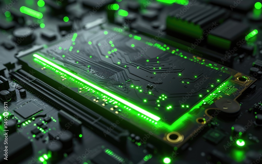 A close-up view of a circuit board with glowing green components